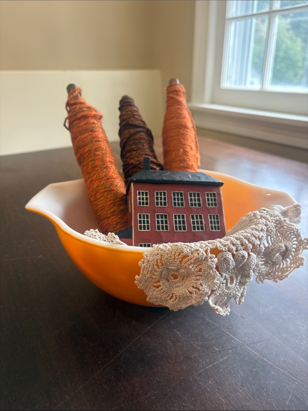 Vintage Pyrex Orange Bowl Spools Vignette folk art house doily